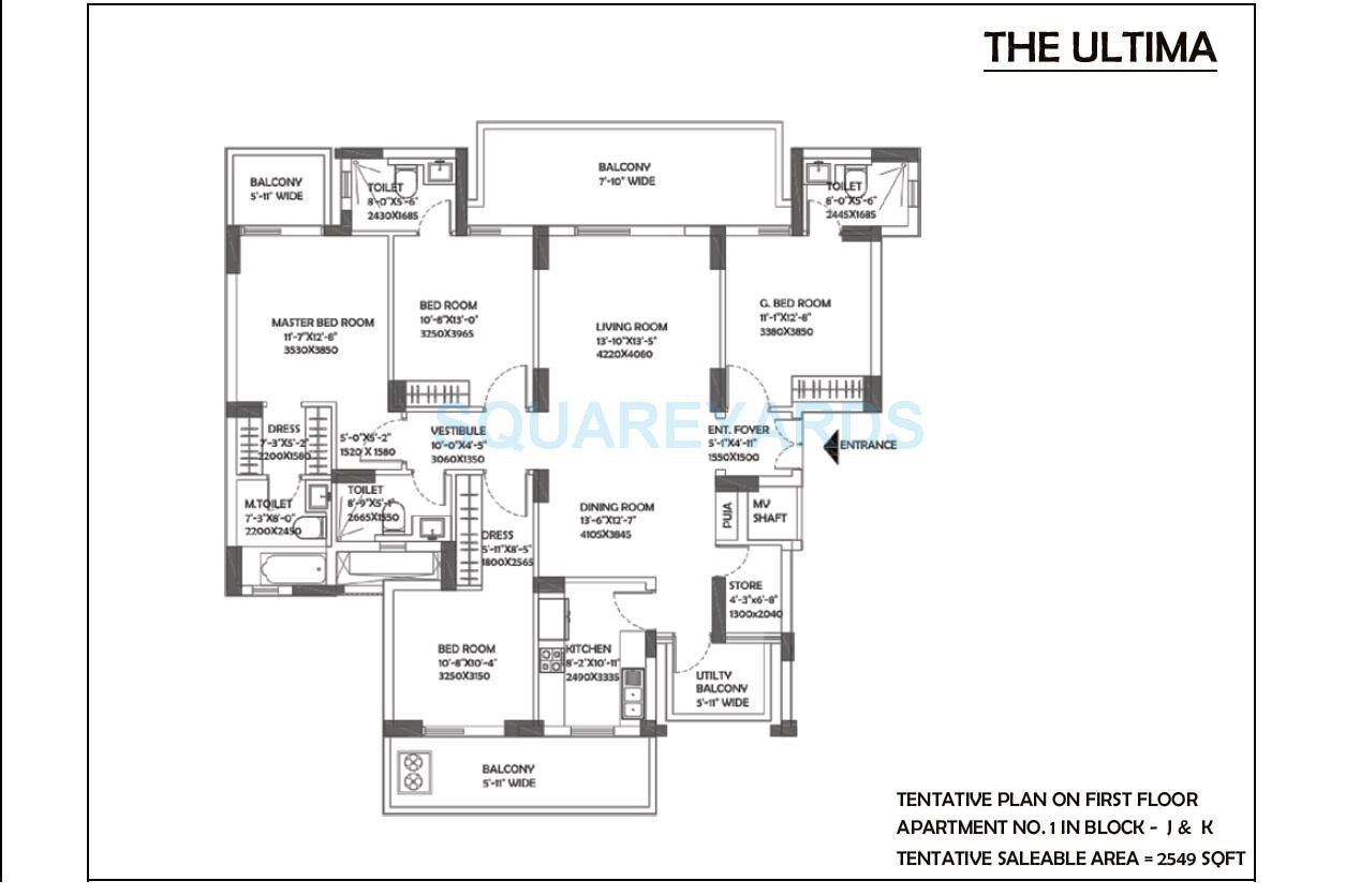 Floor plan of 4 BHK 2549 Sq. Ft. Apartment in DLF The Ultima, Gurgaon