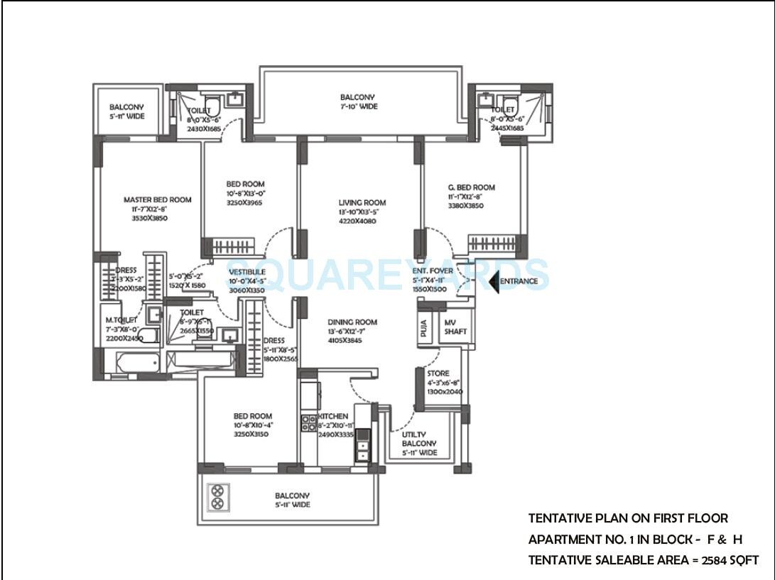 Floor plan of 4 BHK 2584 Sq. Ft. Apartment in DLF The Ultima, Gurgaon