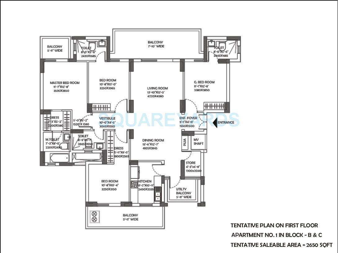 Floor plan of 4 BHK 2650 Sq. Ft. Apartment in DLF The Ultima, Gurgaon