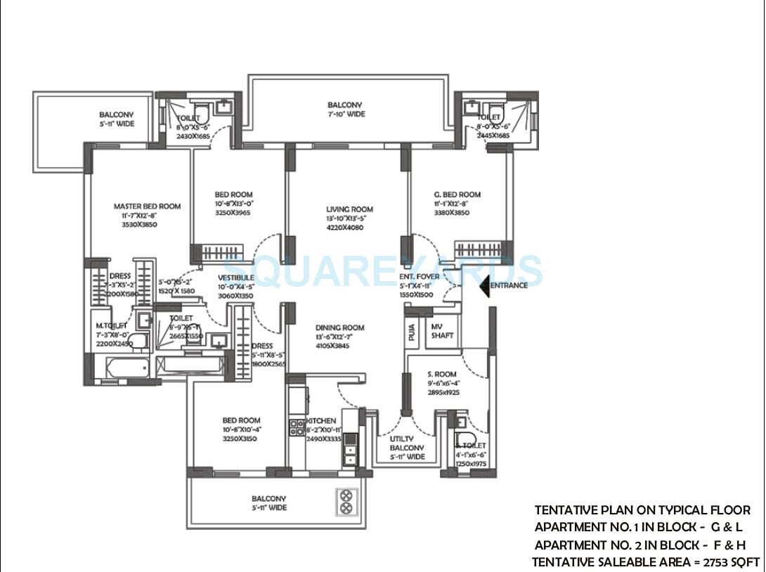 Floor plan of 4 BHK 2753 Sq. Ft. Apartment in DLF The Ultima, Gurgaon