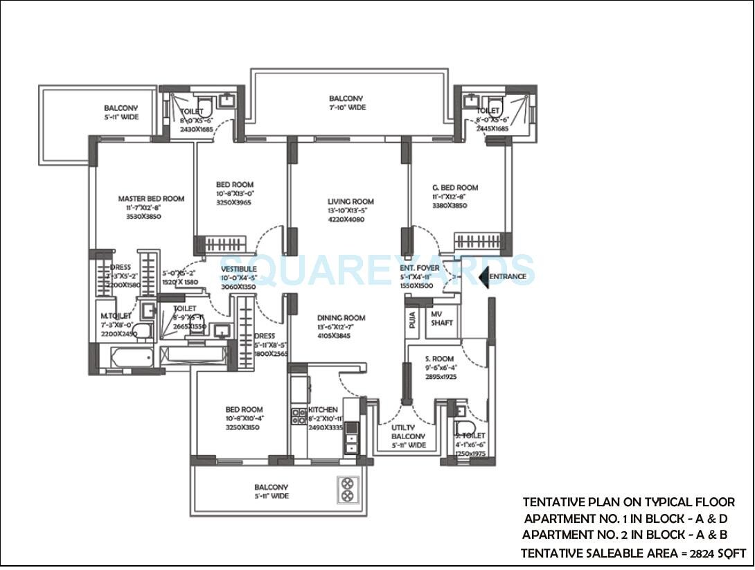 Floor plan of 4 BHK 2824 Sq. Ft. Apartment in DLF The Ultima, Gurgaon