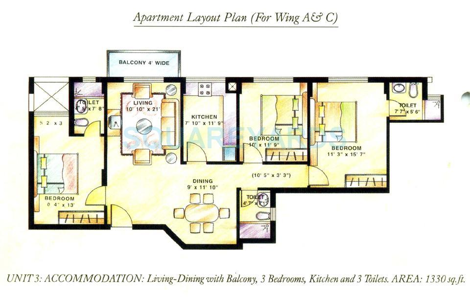 Floor plan of 3 BHK 1330 Sq. Ft. Apartment in DLF The Wellington Estate, Gurgaon