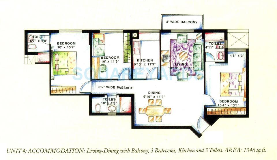 Floor plan of 3 BHK 1346 Sq. Ft. Apartment in DLF The Wellington Estate, Gurgaon