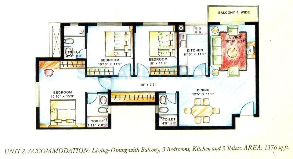 Floor plan of 3 BHK 1376 Sq. Ft. Apartment in DLF The Wellington Estate, Gurgaon