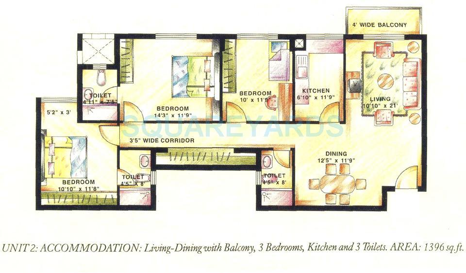 Floor plan of 3 BHK 1396 Sq. Ft. Apartment in DLF The Wellington Estate, Gurgaon