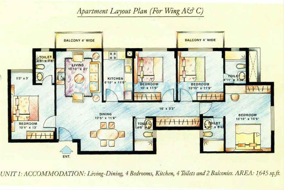 Floor plan of 4 BHK 1645 Sq. Ft. Apartment in DLF The Wellington Estate, Gurgaon