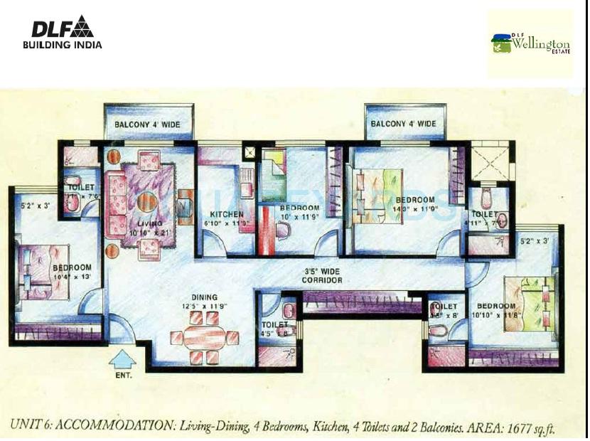 Floor plan of 4 BHK 1677 Sq. Ft. Apartment in DLF The Wellington Estate, Gurgaon
