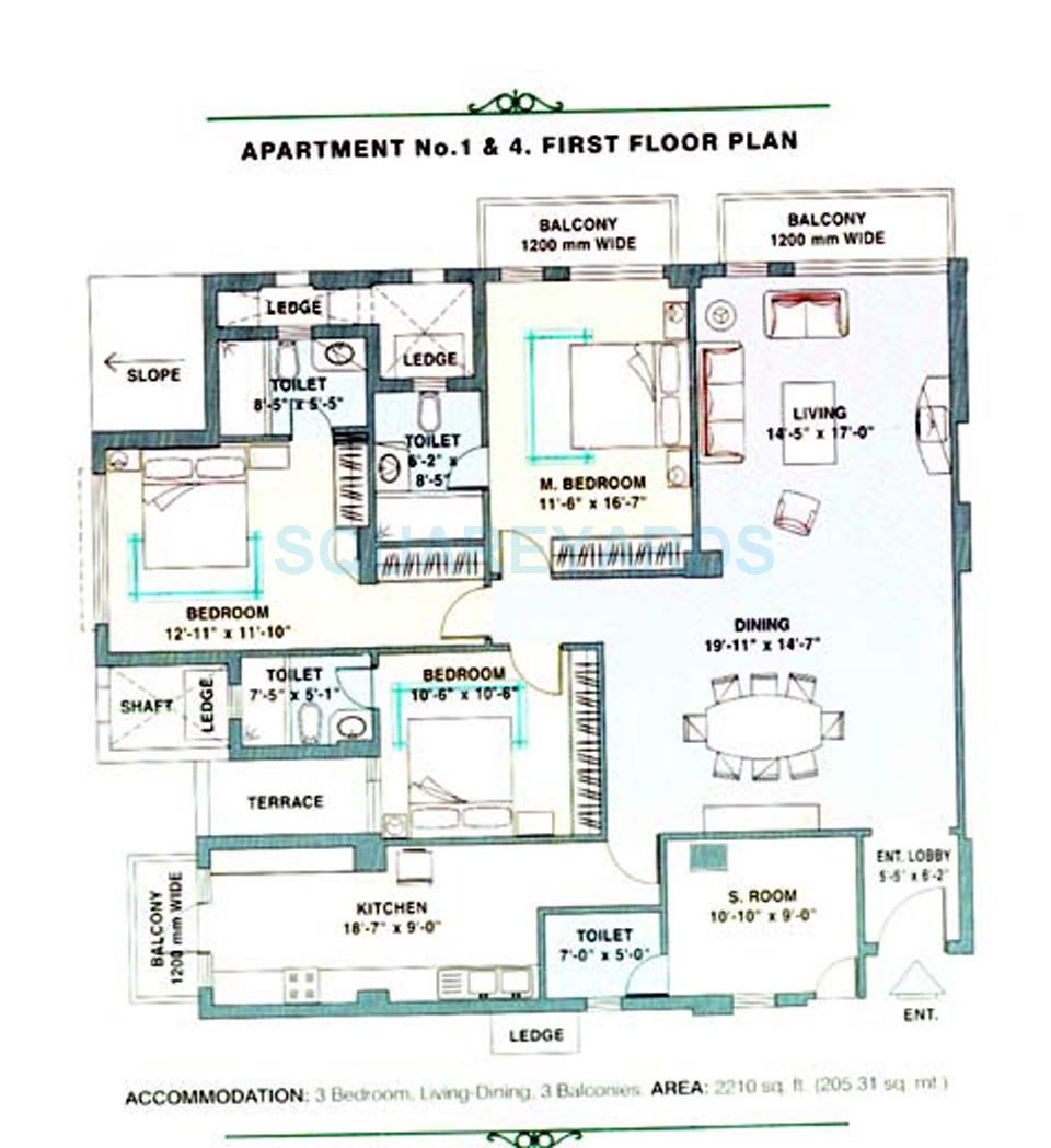 Floor plan of 3 BHK 2210 Sq. Ft. Apartment in DLF Trinity Towers, Gurgaon