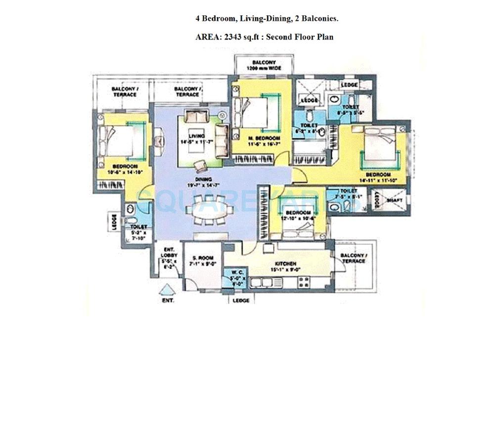 Floor plan of 4 BHK 2343 Sq. Ft. Apartment in DLF Trinity Towers, Gurgaon