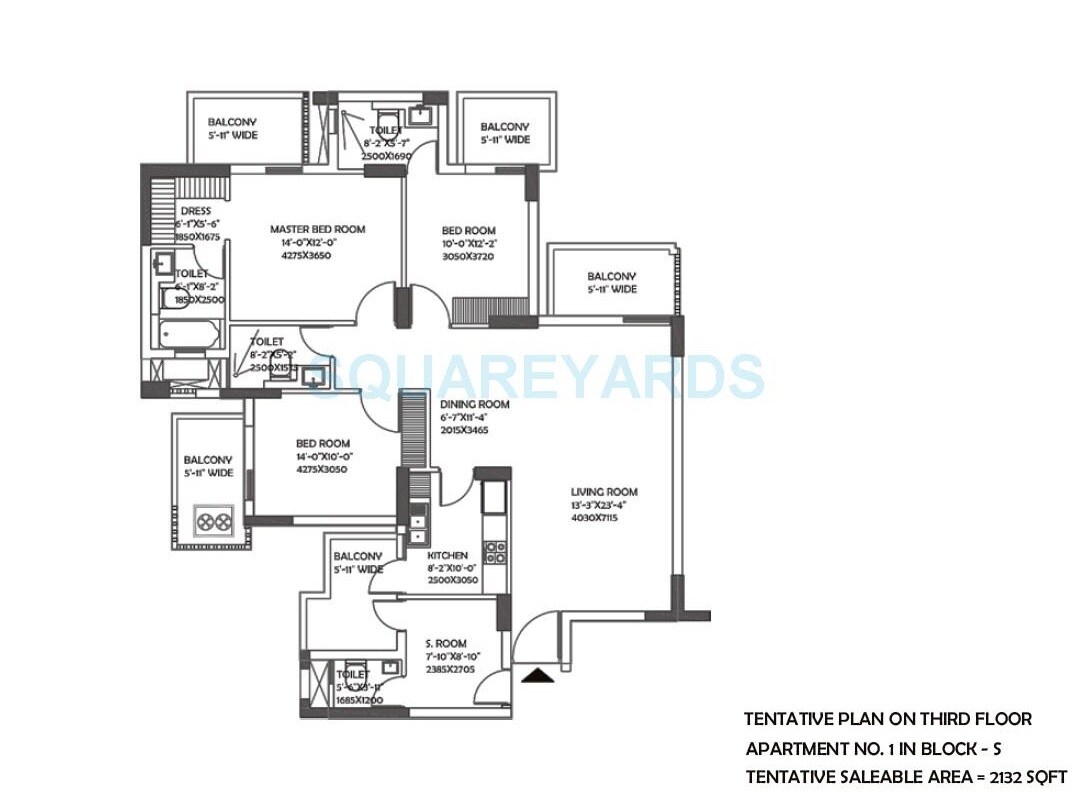 Floor plan of 3 BHK 2132 Sq. Ft. Apartment in DLF Ultima Phase II, Gurgaon