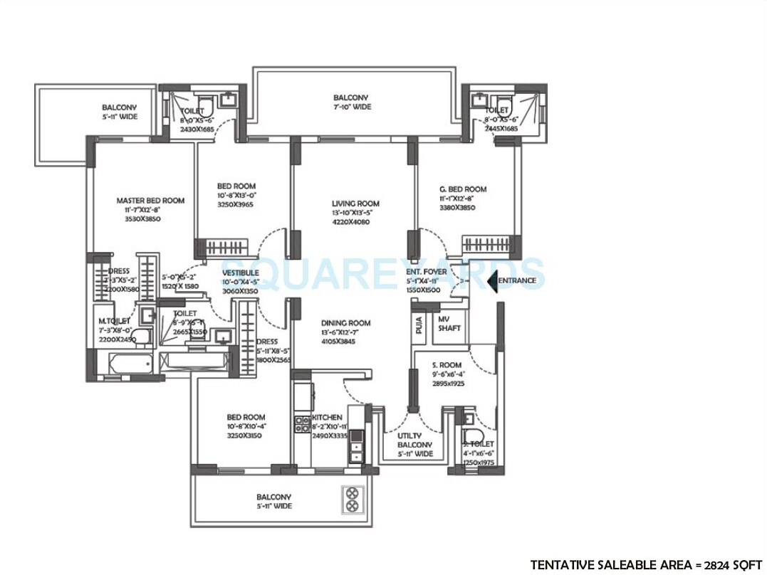 Floor plan of 4 BHK 2824 Sq. Ft. Apartment in DLF Ultima Phase II, Gurgaon