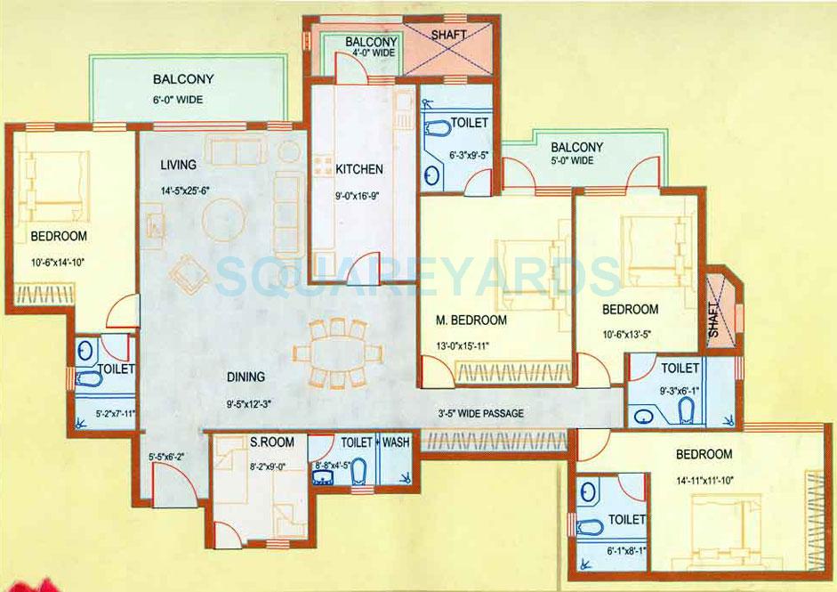 Floor plan of 4 BHK 2500 Sq. Ft. Apartment in DLF Westend Heights, Gurgaon