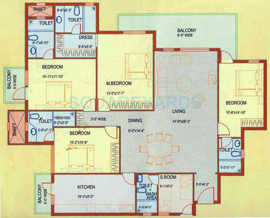 Floor plan of 4 BHK 2700 Sq. Ft. Apartment in DLF Westend Heights, Gurgaon
