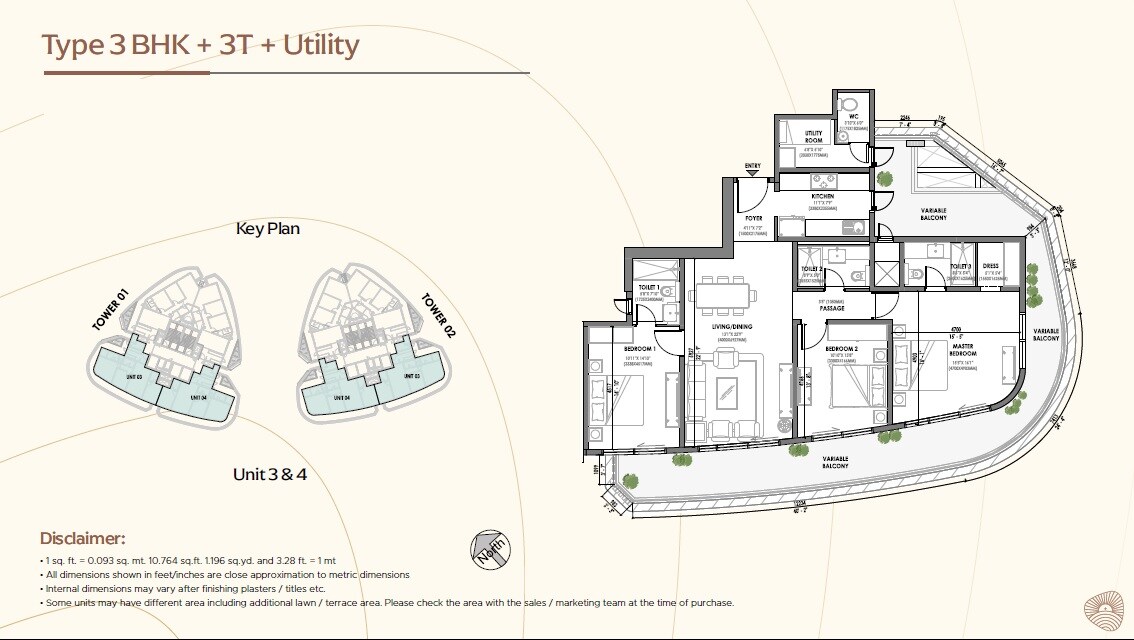 Floor plan of 3 BHK 2450 Sq. Ft. Apartment in Eldeco Terra And Sol, Gurgaon