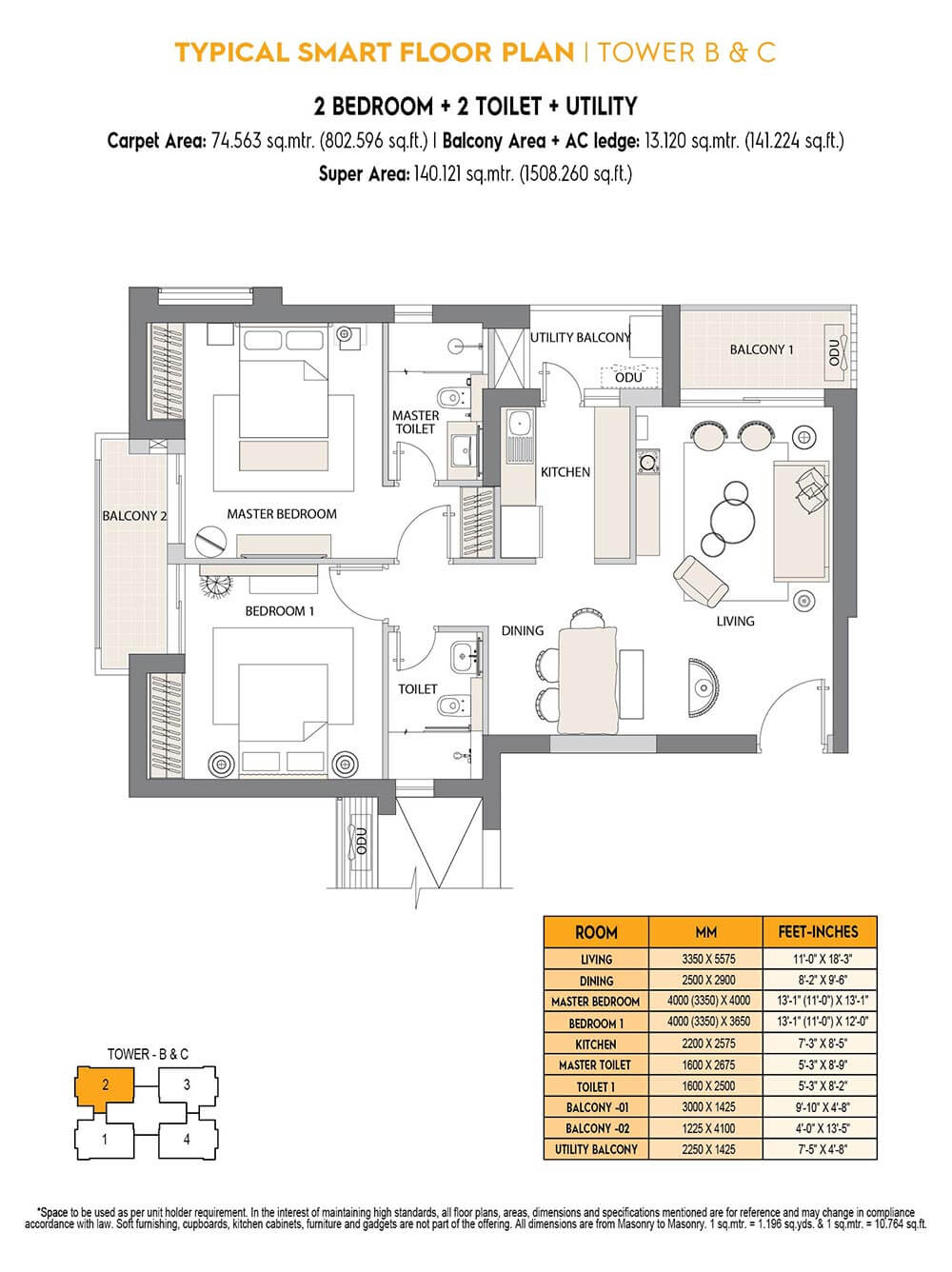 Floor plan of 2 BHK 1508 Sq. Ft. Apartment in Emaar Digi Homes, Gurgaon
