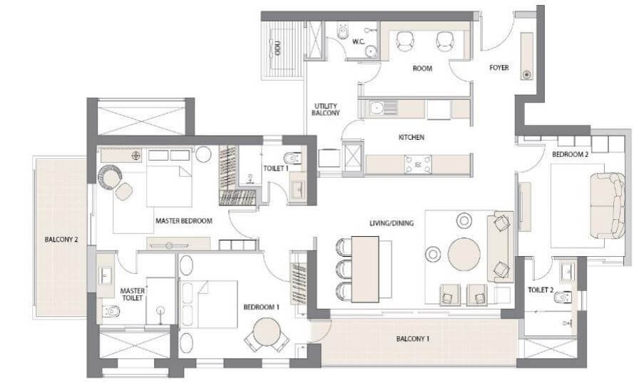 Floor plan of 3 BHK 2567 Sq. Ft. Apartment in Emaar Digi Homes, Gurgaon