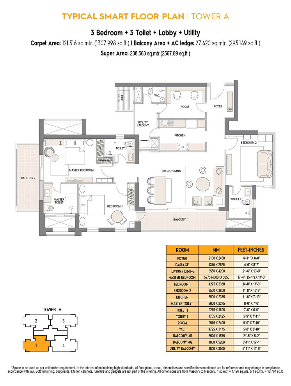 Floor plan of 3 BHK 2588 Sq. Ft. Apartment in Emaar Digi Homes, Gurgaon