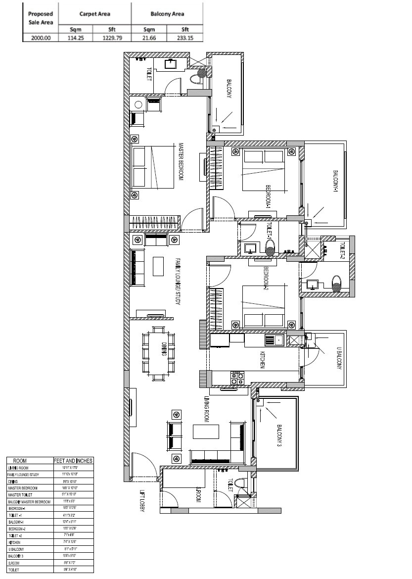 Floor plan of 3 BHK 2000 Sq. Ft. Apartment in Emaar Emerald Classic, Gurgaon