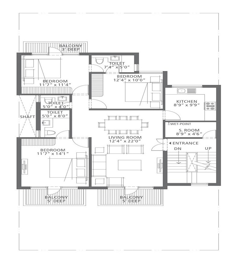 Floor plan of 3 BHK 1380 Sq. Ft. Ind Floor in Emaar Emerald Nuevo, Gurgaon
