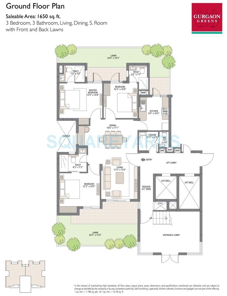 Floor plan of 3 BHK 1650 Sq. Ft. Apartment in Emaar Gurgaon Greens, Gurgaon