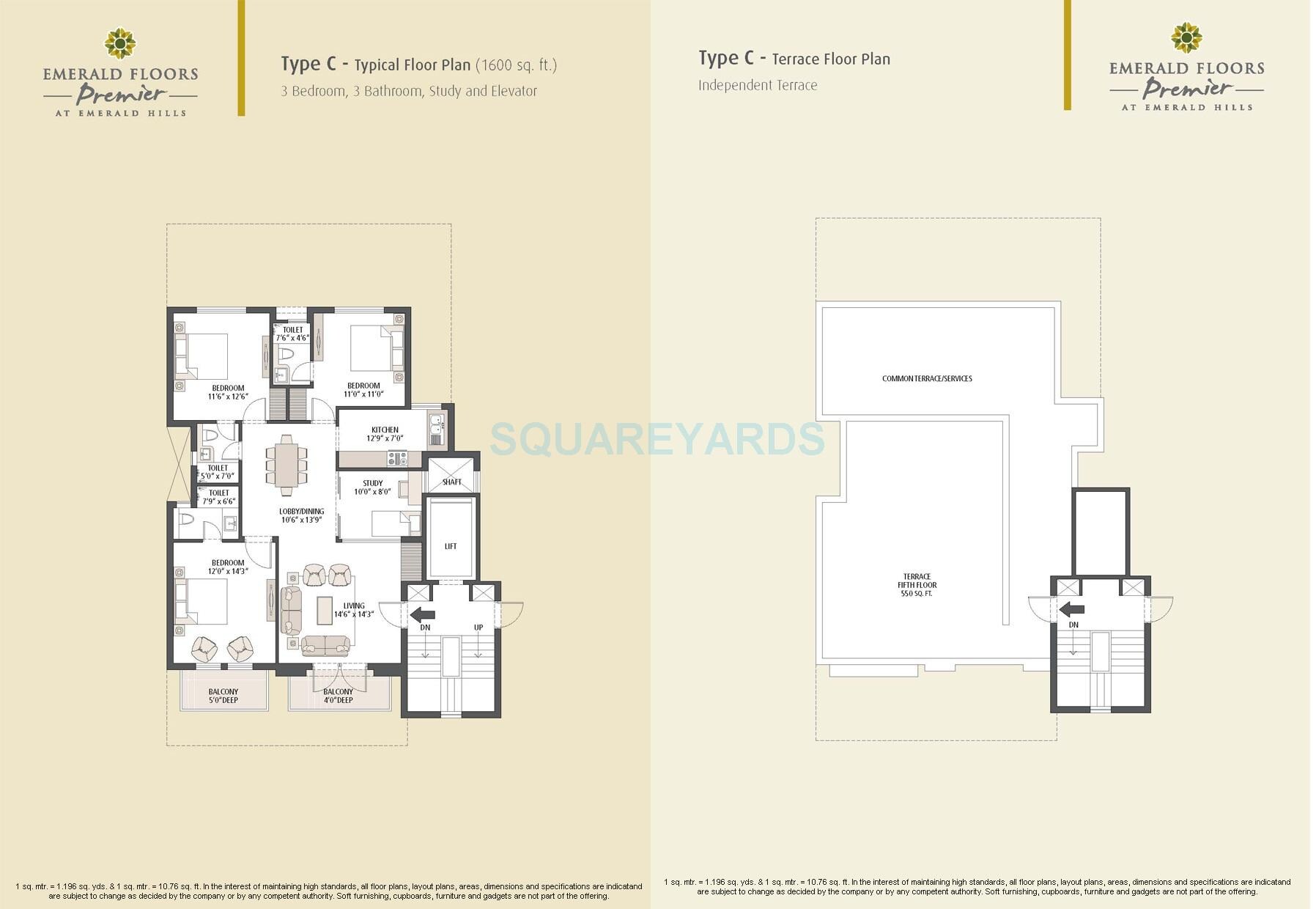Floor plan of 3 BHK 1600 Sq. Ft. Ind Floor in Emaar Emerald Floors Premier, Gurgaon