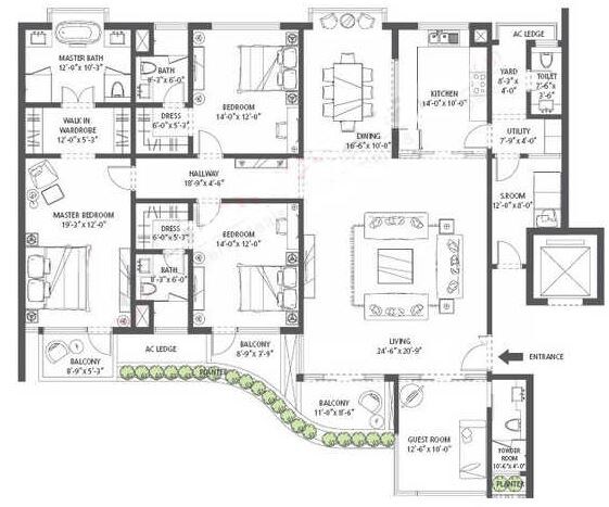 Floor plan of 4 BHK 3300 Sq. Ft. Apartment in Emaar MGF Garden Terraces, Gurgaon