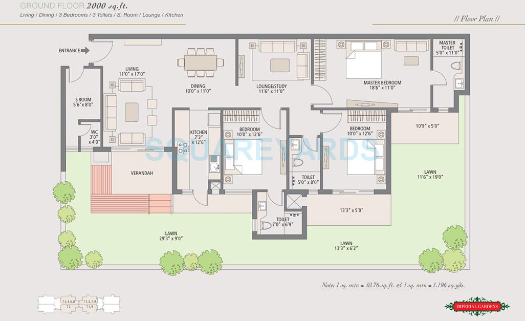 Floor plan of 3 BHK 2000 Sq. Ft. Apartment in Emaar Imperial Gardens, Gurgaon