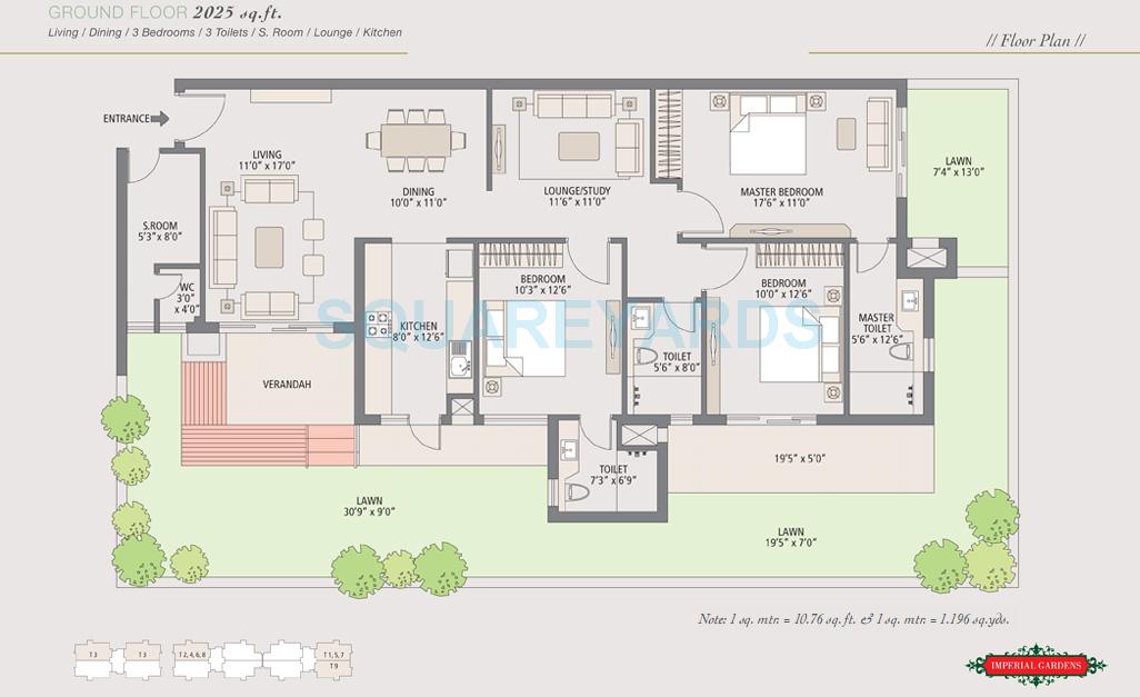 Floor plan of 3 BHK 2025 Sq. Ft. Apartment in Emaar Imperial Gardens, Gurgaon