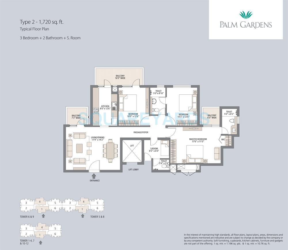Floor plan of 3 BHK 1720 Sq. Ft. Apartment in Emaar Palm Gardens, Gurgaon