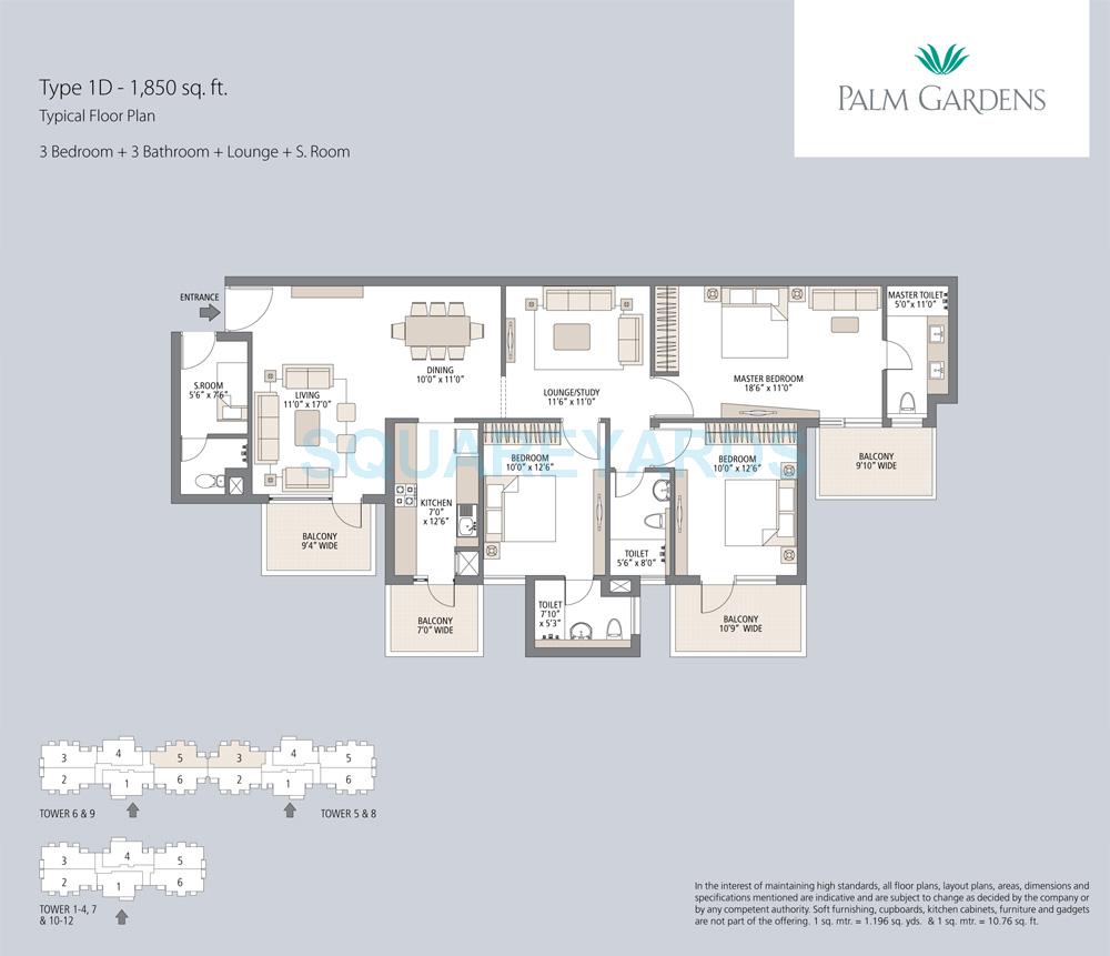 Floor plan of 3 BHK 1850 Sq. Ft. Apartment in Emaar Palm Gardens, Gurgaon