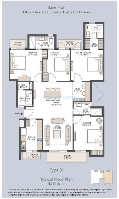 Floor plan of 4 BHK 1950 Sq. Ft. Apartment in Emaar Palm Hills, Gurgaon