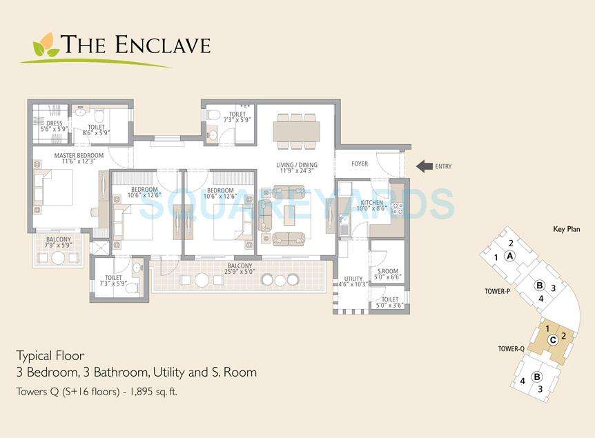 3 BHK 1895 Sq. Ft. Apartment in Emaar The Enclave