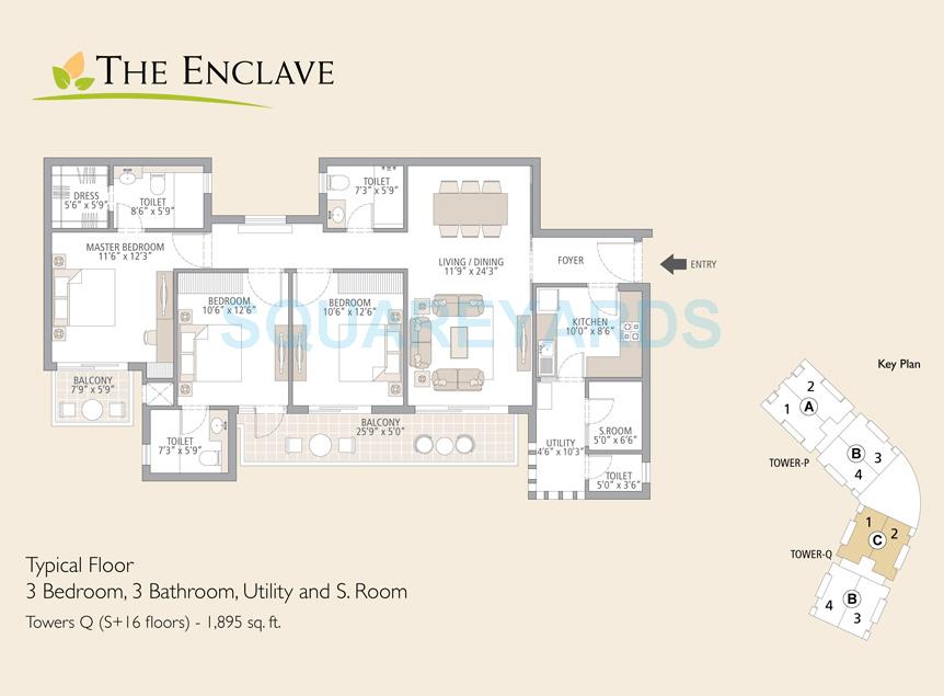 Floor plan of 3 BHK 1895 Sq. Ft. Apartment in Emaar The Enclave, Gurgaon