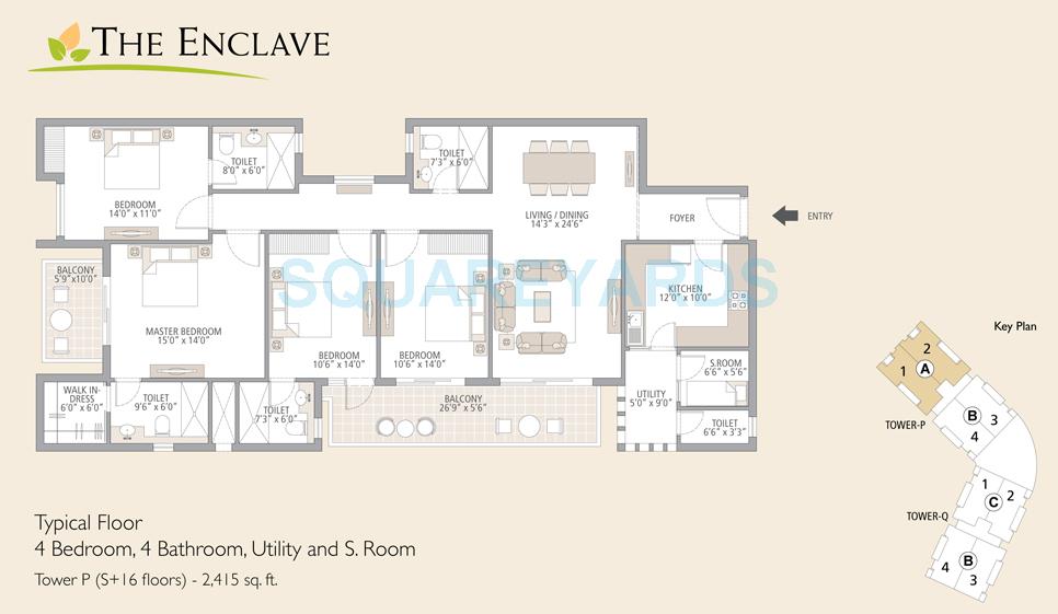 Floor plan of 4 BHK 2415 Sq. Ft. Apartment in Emaar The Enclave, Gurgaon