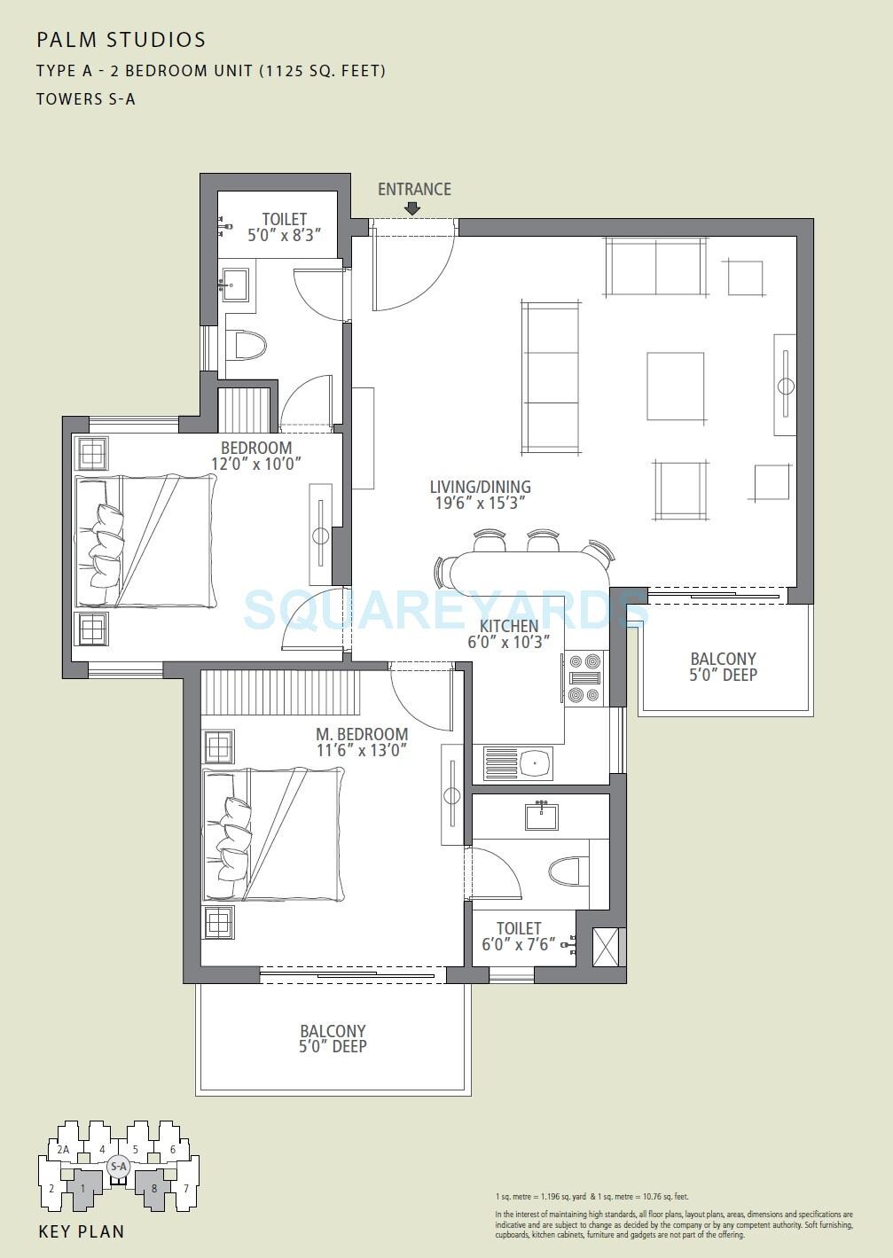 Floor plan of 2 BHK 1125 Sq. Ft. Apartment in Emaar The Palm Drive-Palm Studios, Gurgaon