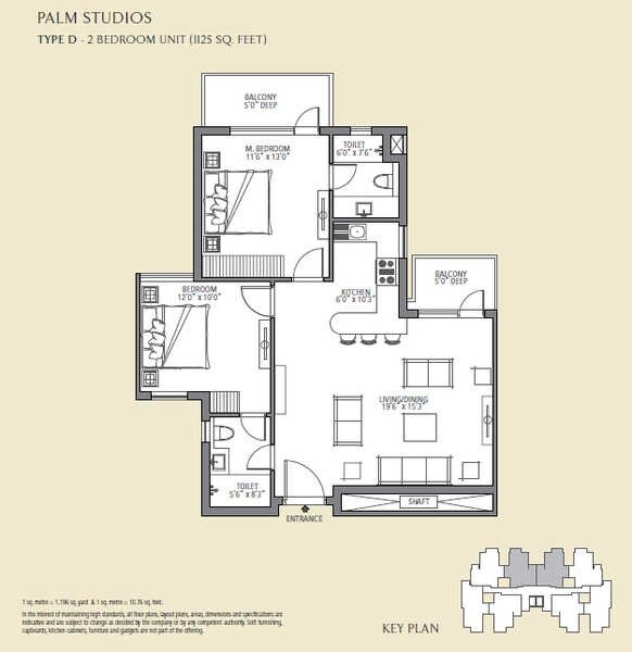 Floor plan of 2 BHK 1125 Sq. Ft. Apartment in Emaar MGF The Palm Drive Studios, Gurgaon