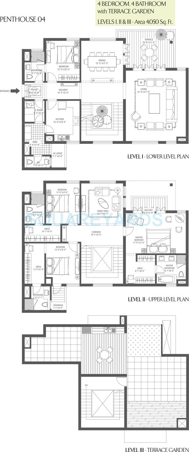 Floor plan of 4 BHK 4050 Sq. Ft. Penthouse in Emaar The Palm Drive-The Premier Terraces, Gurgaon