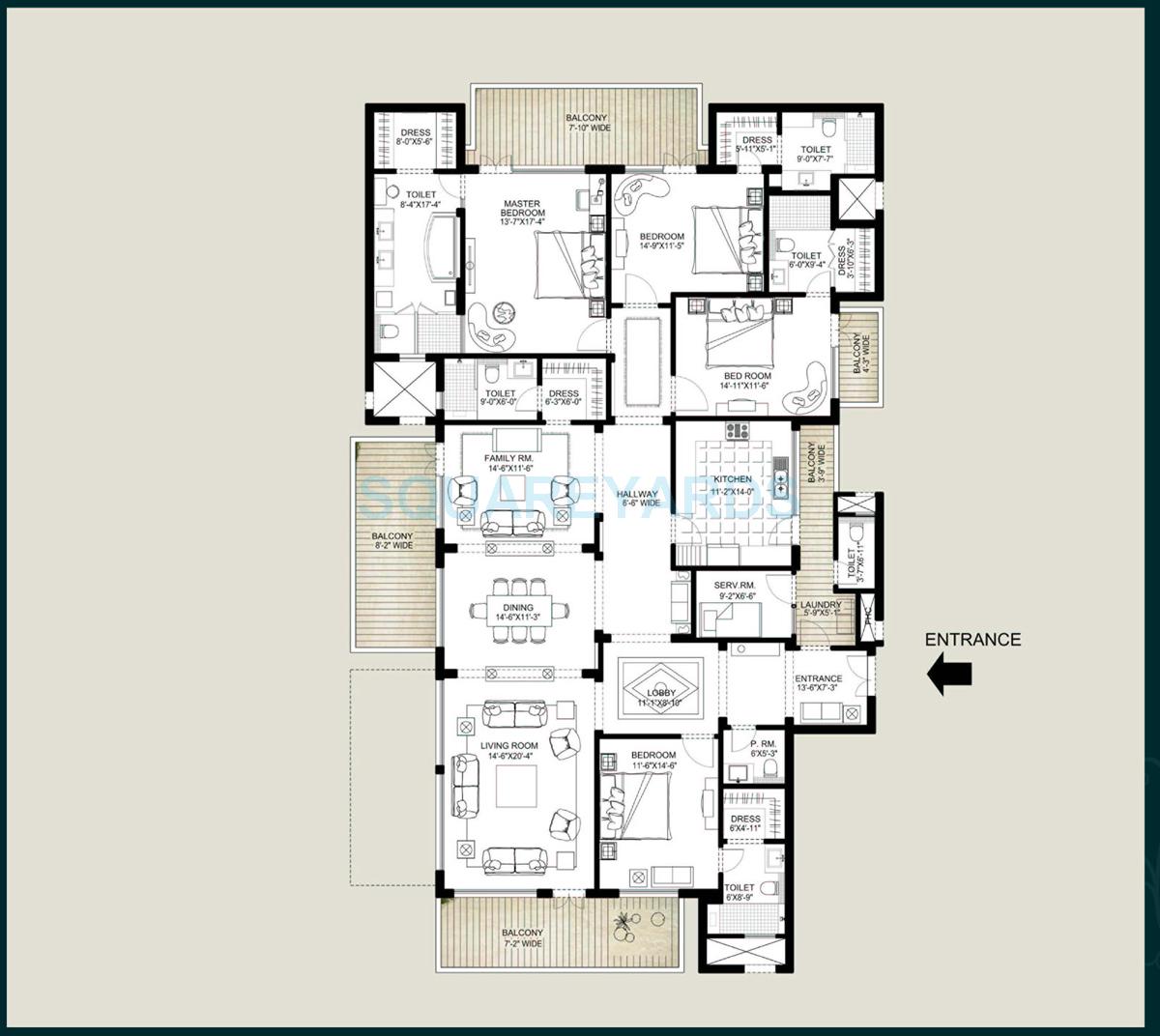 Floor plan of 4 BHK 3650 Sq. Ft. Apartment in Emaar The Palm Springs, Gurgaon