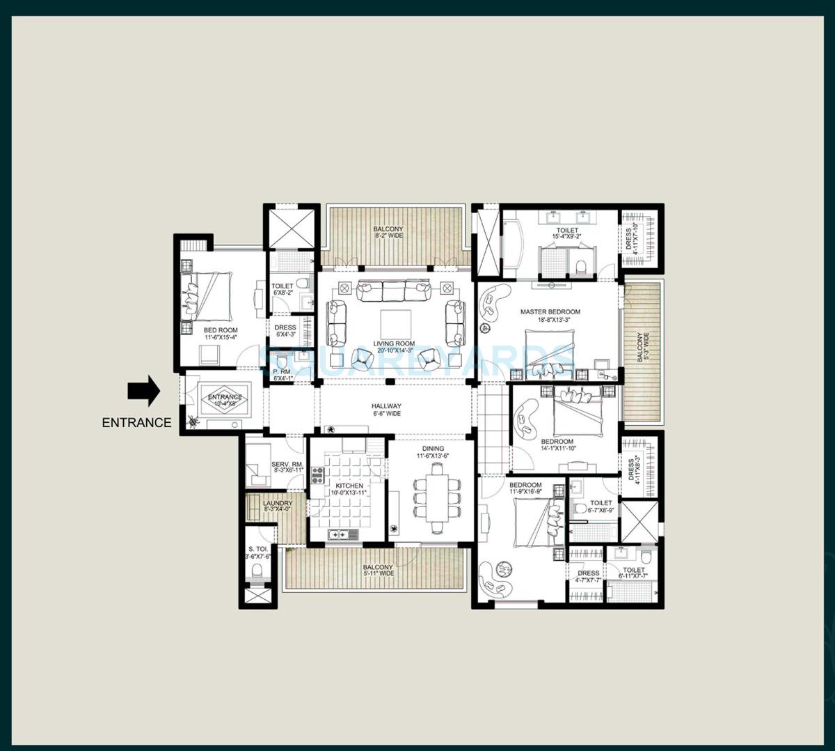 Floor plan of 4 BHK 3800 Sq. Ft. Apartment in Emaar The Palm Springs, Gurgaon