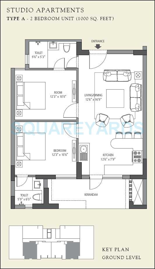 Floor plan of 2 BHK 1000 Sq. Ft. Apartment in Emaar The Vilas, Gurgaon