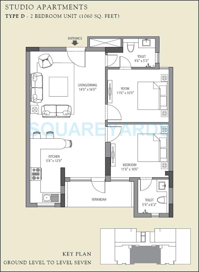 Floor plan of 2 BHK 1060 Sq. Ft. Apartment in Emaar The Vilas, Gurgaon