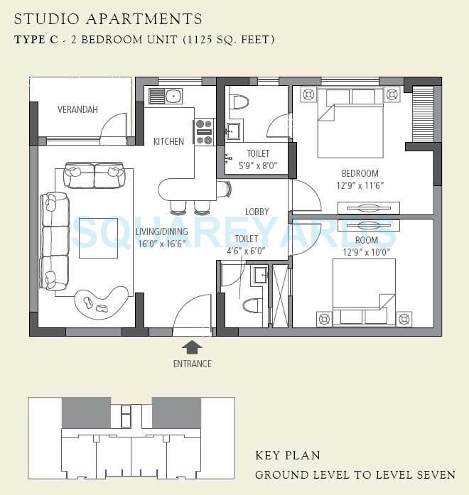 Floor plan of 2 BHK 1125 Sq. Ft. Apartment in Emaar The Vilas, Gurgaon