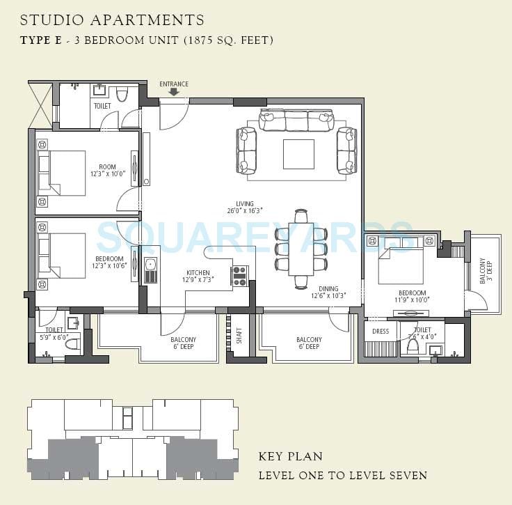 Floor plan of 3 BHK 1875 Sq. Ft. Apartment in Emaar The Vilas, Gurgaon