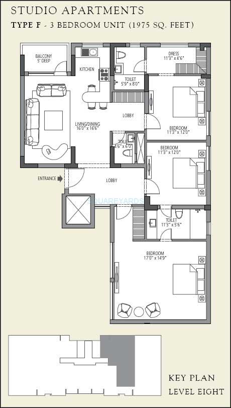 Floor plan of 3 BHK 1975 Sq. Ft. Apartment in Emaar The Vilas, Gurgaon