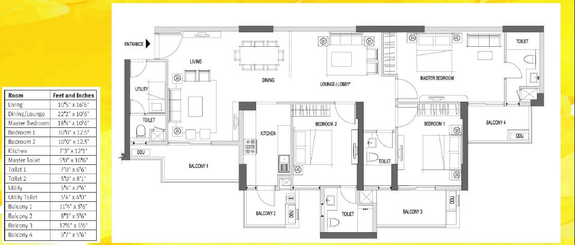 Floor plan of 3 BHK 2000 Sq. Ft. Apartment in Emaar Palm Heights, Gurgaon
