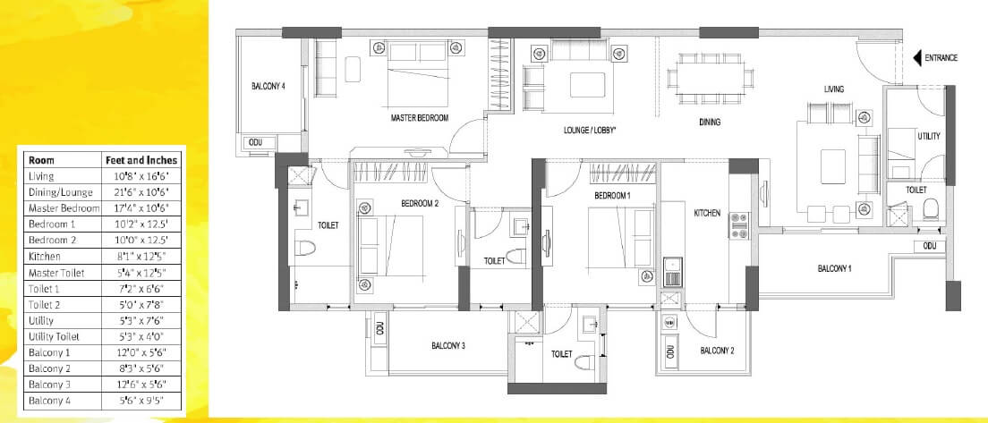 Floor plan of 3 BHK 2025 Sq. Ft. Apartment in Emaar Palm Heights, Gurgaon