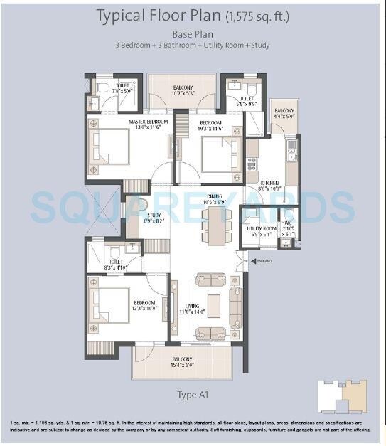 Floor plan of 3 BHK 1575 Sq. Ft. Apartment in Emaar Palm Hills, Gurgaon