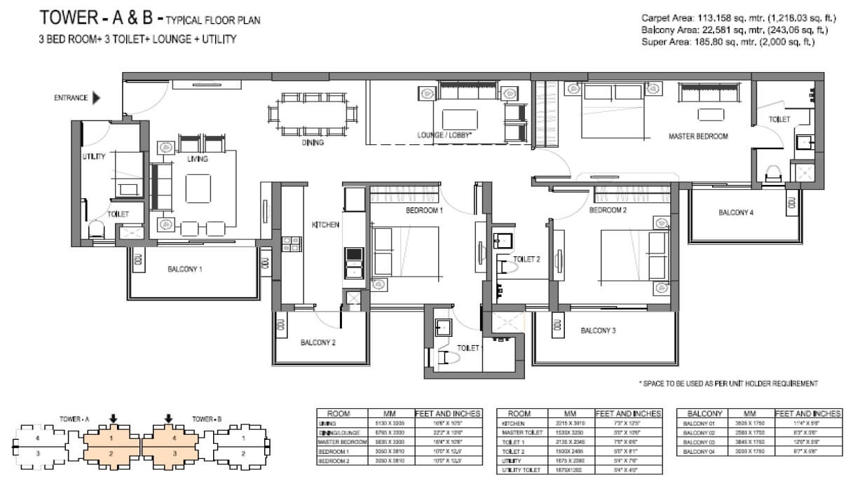 Floor plan of 3 BHK 2000 Sq. Ft. Apartment in Emaar Palm Premier, Gurgaon