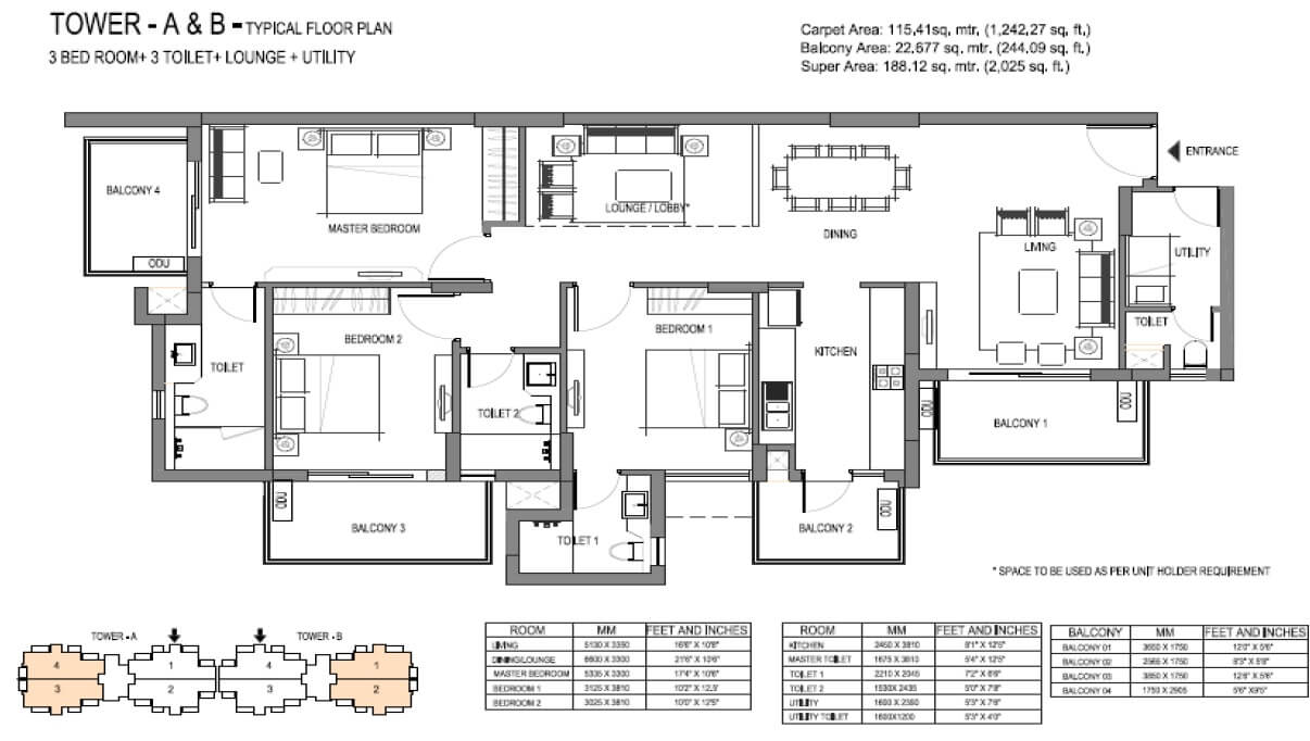 Floor plan of 3 BHK 2025 Sq. Ft. Apartment in Emaar Palm Premier, Gurgaon