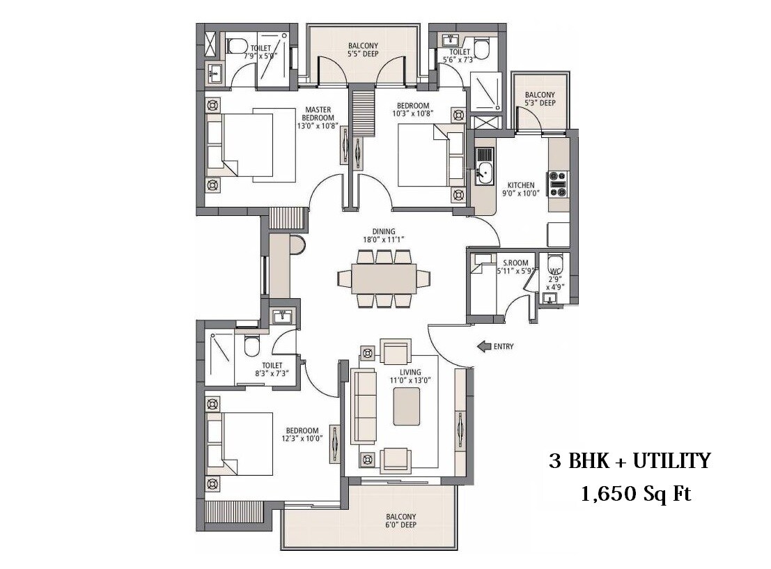 Floor plan of 3 BHK 1650 Sq. Ft. Apartment in Emaar Palm Select, Gurgaon